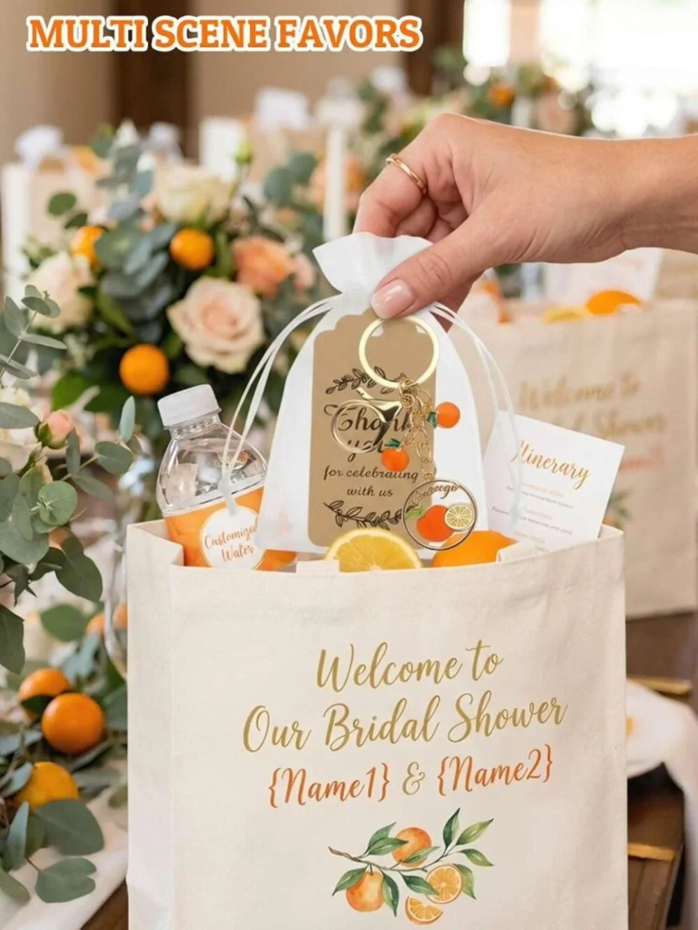 20 Orange Fruit Keychains with Thank You Cards & Gift Bags - Perfect for